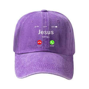Purple washed cotton baseball cap with Jesus Calling screen print on white background