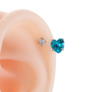 Titanium steel horseshoe earrings with sparkling blue heart and round crystal gems