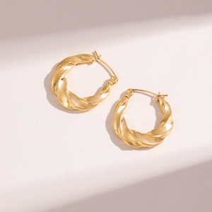 Minimalist 18k gold plated twisted hoop earrings with a textured braid design for women