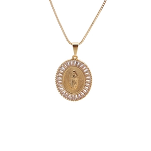 Gold oval pendant necklace with religious figure and rectangular zircon border