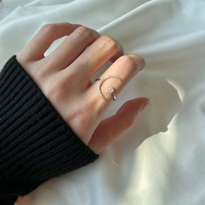 S925 sterling silver open ring featuring sparkling star and moon design for women