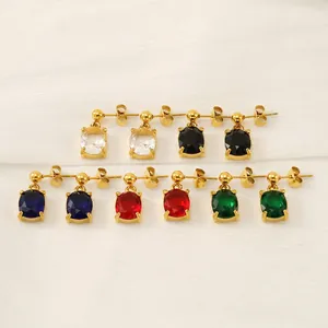 Oval Zircon Stud Earrings 18K Gold Plated Stainless Steel Vintage Luxury Minimalist Women Fashion Accessory