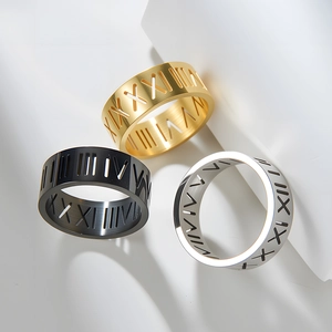 Minimalist 8mm titanium steel rings with hollow Roman numerals in gold, black, and silver