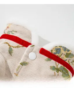 Détail de la broderie florale sur robe pour chien avec velours rouge et col en fourrure