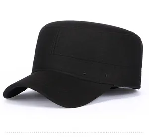 Detail of a black flat top military cap for elderly men with SPORT side embroidery