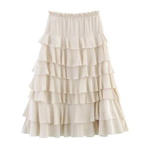 Elegant off-white tiered ruffle midi skirt with layered chiffon fabric for summer