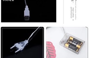 Close-up of LED string light power options including USB plug, EU plug, and AA battery box