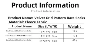 Detailed size chart for red and black plaid Christmas stockings with dimensions and weight