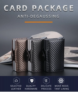 Detail of RFID blocking carbon fiber card holders in coffee, gray, and black finishes