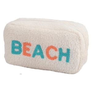 Trousse à maquillage en peluche blanc crème avec broderie BEACH colorée et zip