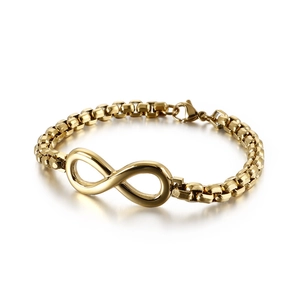 18k vergoldetes Herren-Edelstahlarmband mit Infinity-Symbol und Box-Kette auf Weiß