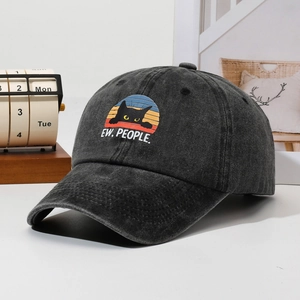 Washed black cotton baseball cap with cute cat and EW PEOPLE text print