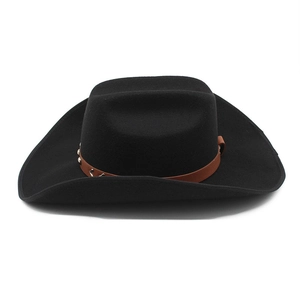 Classic black wool felt cowboy hat with brown leather belt and metallic studs detail