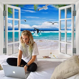 Bedroom wall decor showing a coastal window view tapestry with dolphins and beach scenery