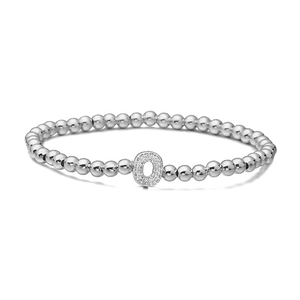 Detail of silver beaded bracelet with a micro-paved cubic zirconia letter O pendant
