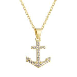 Golden anchor pendant necklace with sparkling white zircons on a fine cable chain