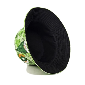 Saint Patrick's Day green bucket hat featuring lucky shamrock and gnome prints
