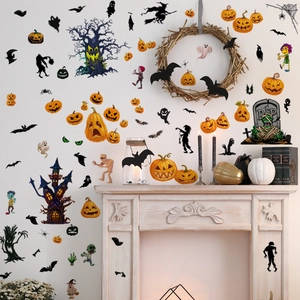 Halloween wall stickers featuring pumpkin, bat and ghost motifs on a white living room wall