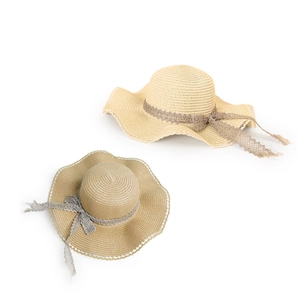 Women's wavy wide brim straw sun hats in beige and khaki with mesh lace ribbon