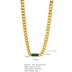 Detail of 7mm gold cuban chain necklace in 316L stainless steel with green acrylic inlay