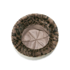 Close-up of leopard print faux fur bucket hat showing inner lining and 6-panel structure