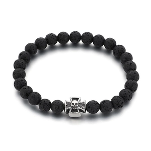 Gothic black lava stone beaded bracelet with silver metal skull cross charm for men