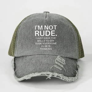 Detailed view of the distressed grey washed fabric and slogan print on a trucker hat