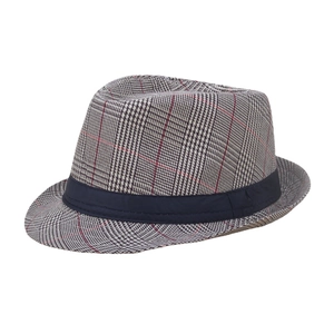 British style plaid fedora hat with a wide blue ribbon band for casual outdoor wear
