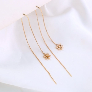 Elegant gold-tone long drop threader earrings with zircon snowflake pendants on silk