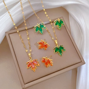 Maple Leaf Necklace And Earrings Jewelry Stainless Steel Copper Zircon Elegant Banquet Wedding Accessories For Women