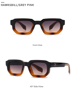 Detail of tortoise frame sunglasses with star studs and grey pink gradient lenses