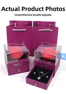 Preserved rose jewelry gift box with acrylic lid, necklace and ring set in purple bag