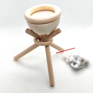Minimalist DIY wooden essential oil diffuser bowl with tripod stand and colored stones