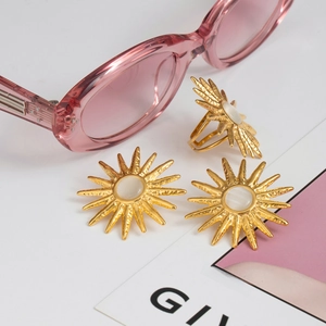 Hammered gold sunburst jewelry set with white opal cat eye ring and stud earrings