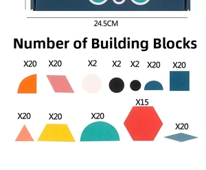 Detailed view of colorful wooden geometric blocks layout with dimensions of 24.5CM