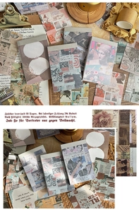 Close-up of vintage collage paper with retro stamps and aged stationery texture