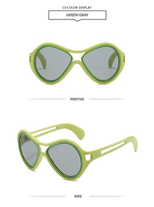 Front and side views of oversized green party sunglasses with grey lenses on white background