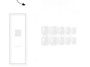 Detail view of ten varied sizes of short white French minimalist press-on nail pieces