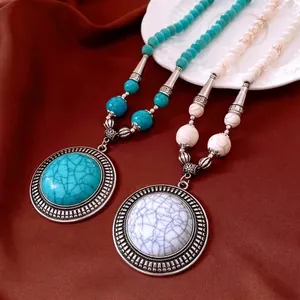 Vintage Ethnic Stone Beaded Necklace With Large Round Alloy Pendant Bohemian Retro Jewelry For Women