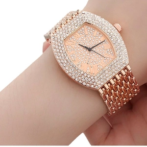 Fashion rose gold tonneau watch for women with rhinestone inlay and roman numerals