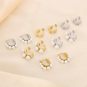 Vintage French Shell Artificial Pearl C-Shape Hoop Earrings Stainless Steel 18K Gold Plated Hammered Texture For Women Versatile Elegant
