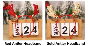 Detail of red and gold glitter reindeer antler headbands with bells and pine cones