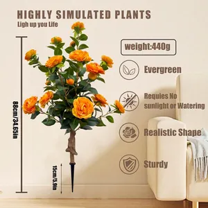 Detail view of 88cm artificial orange camellia with dimensions and black ground stake