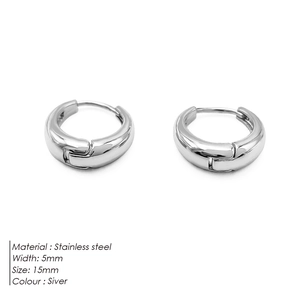 Polished silver stainless steel hoop earrings 15mm diameter with 5mm thickness for women