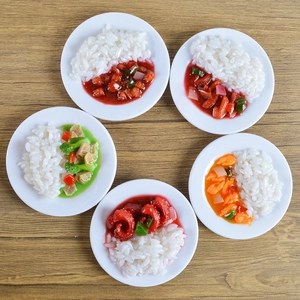 Top view of five realistic miniature PVC rice bowls with assorted toppings on wooden background