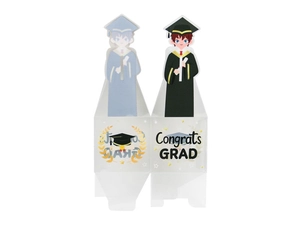 Detail of graduation candy boxes with Congrats Grad text and cartoon scholar inserts