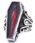 Gothic coffin ring with red skull wings and vintage silver finish details
