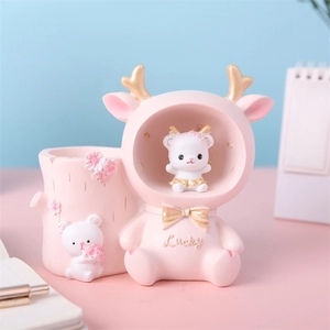 Pink resin rabbit and bear pencil holder with lucky deer statuette for desk decor