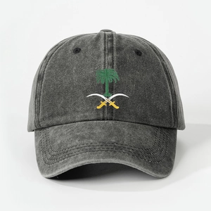 Washed dark grey baseball cap with embroidered crossed swords and palm tree design