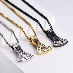 Viking Thor's hammer axe pendants in gold, silver, and black finish with engraved patterns